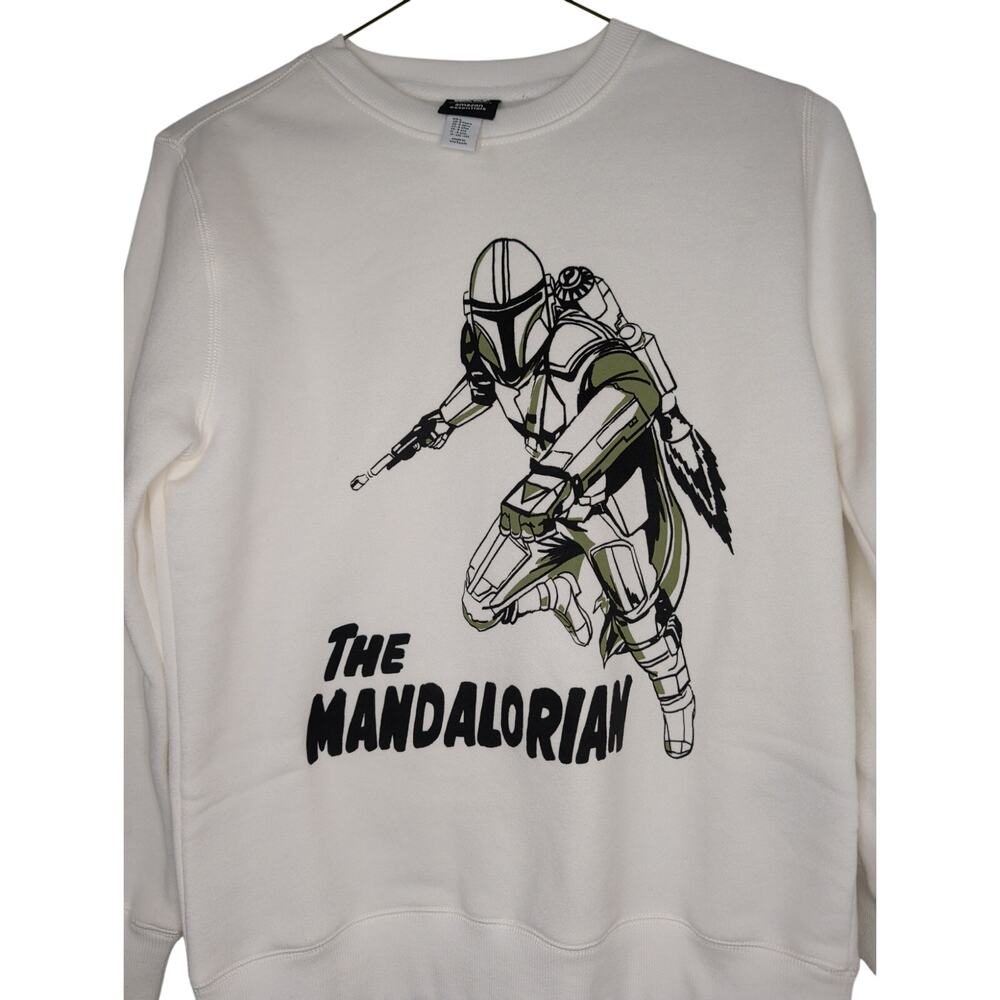 Star Wars The Mandalorian Boys French Terry Crewneck Pullover Sweatshirt White L